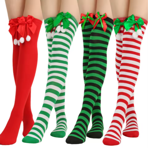 2025 Women's Stripes Knee-high Holiday Stocks Christmas Stocking for Party Festive Cosplay