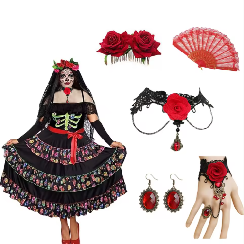 Traditional Mexican Tassel Shawl, Day of the Dead Costumes for Women, Halloween Dia De Los