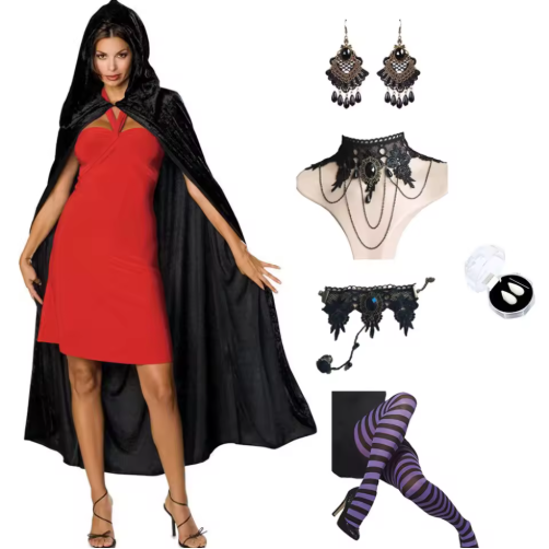 Halloween Vampire Costume Set Hooded Cape Mask Earrings Choker Bracelets Tattoo Scar Fangs