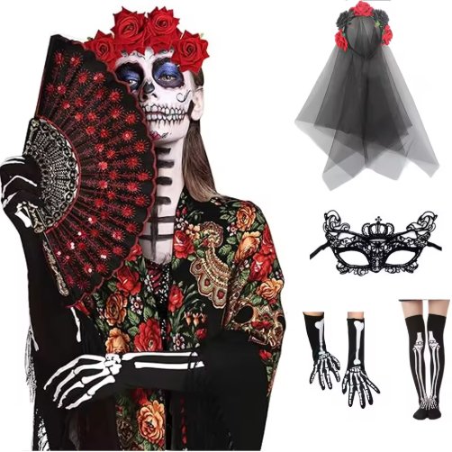 Halloween Day of The Dead Accessories for Women Headband Thigh High Skeleton Socks Gloves Tattoos