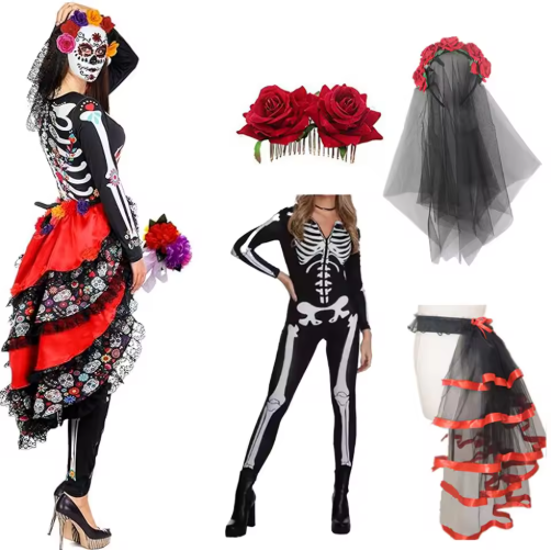 Women Day of the Dead Costume Halloween Tie on Bustle Dia De Los Muertos Skeleton Catsuit Skull