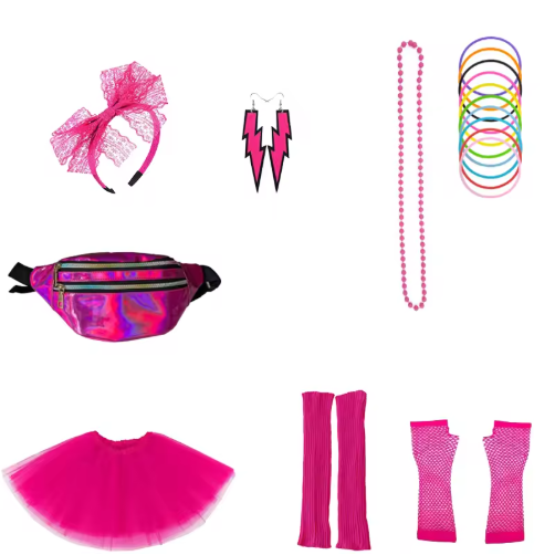 80s Costume Accessories for Women, T-Shirt Tutu Fanny Pack Headband Earring Necklace Fishnet Gloves