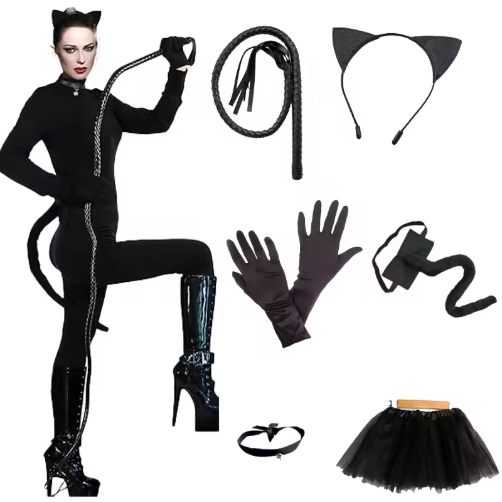 Cat Costume for Women Masquerade, Fishnet Socks, Lace Cat Ear Headband, Gloves, Tail