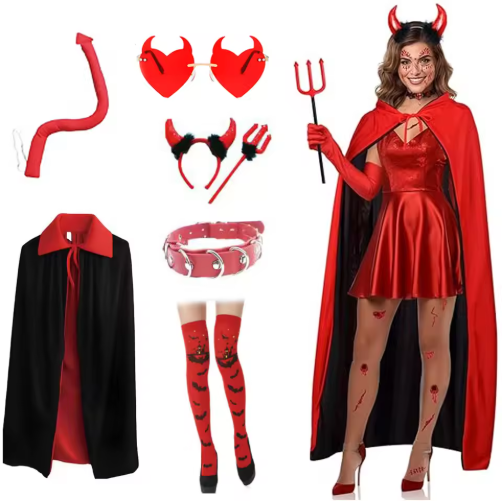 Halloween Devil Costume Set for Women Reversible Cloak Devil Horn Headband Tail Red Fork