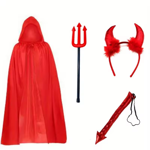Halloween Devil Costume Set for men Reversible Cloak Devil Horn Headband Tail Red Fork
