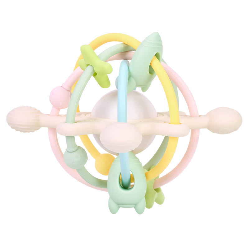 New Arrivals Food Grade Silicone Soft Rattle Sensory Teether Ring Space Toy Baby Teethers