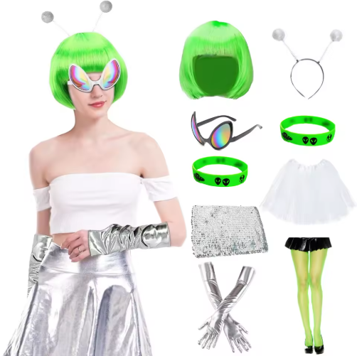Space Alien Costume for Women, Metallic Skirt & Headwear Kits, Halloween Raves Dress Up Accessories