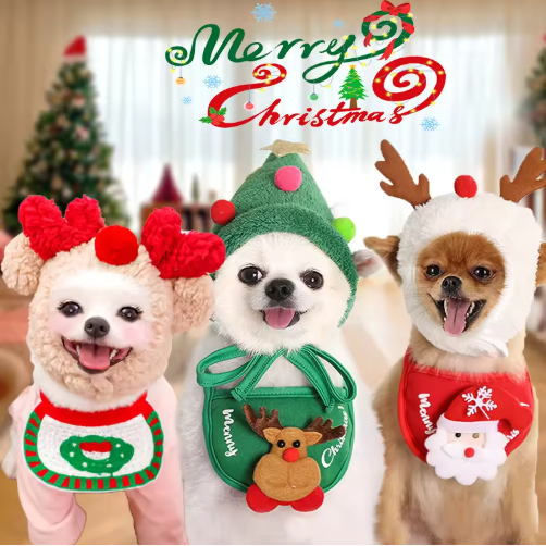 Autumn Winter French Bulldog Cat Christmas Costume Pet Dog Hat Bib in Polyester with Printed Pattern