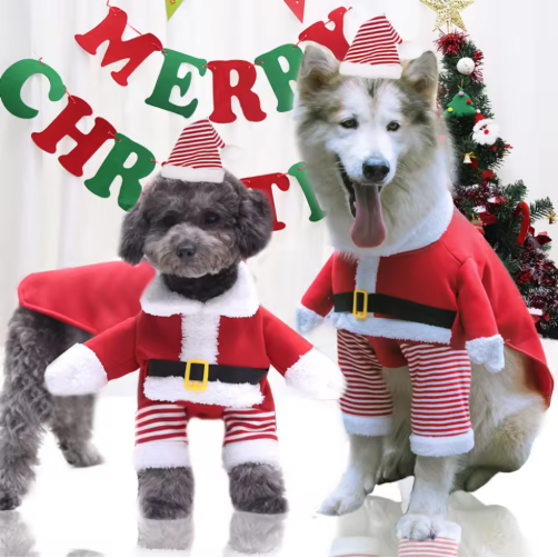 Festive Fleece Pet Costumes: Christmas Two-Legged Bodysuits for Cats & Golden Retriever Dog Outfits