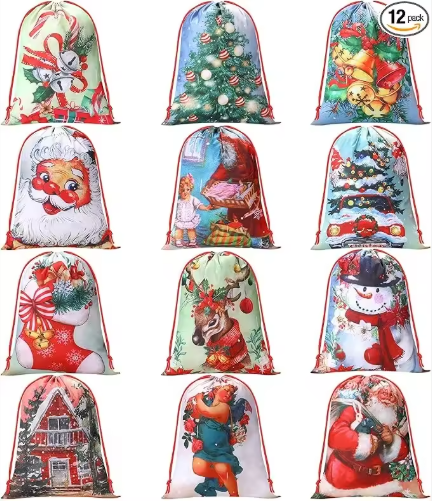Customized Red Merry Christmas Non-Woven Drawstring Bag Xmas Tree Snowflakes Design for Gifts