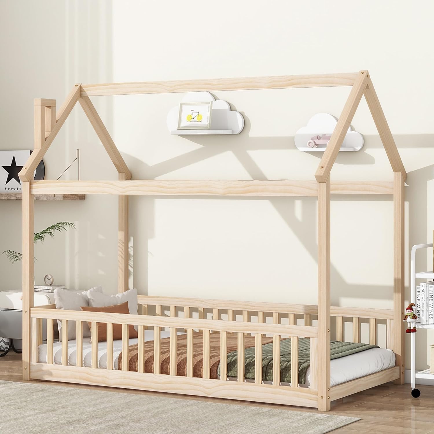 Floor Bed with Safety Guardrails and Slats, Twin Size House Roof Shape Pine Wood Floor Bed Frame
