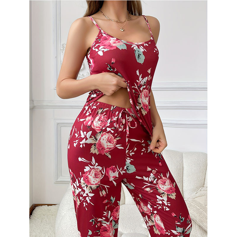 Floral printed suspender trousers loose sexy casual pajamas set for women to wear outside