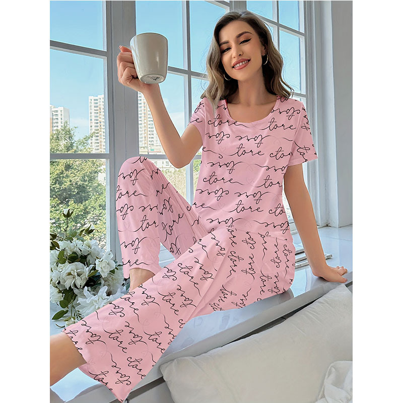 Women's Round Neck Letter Print Loungewear Short Sleeve Long Pants