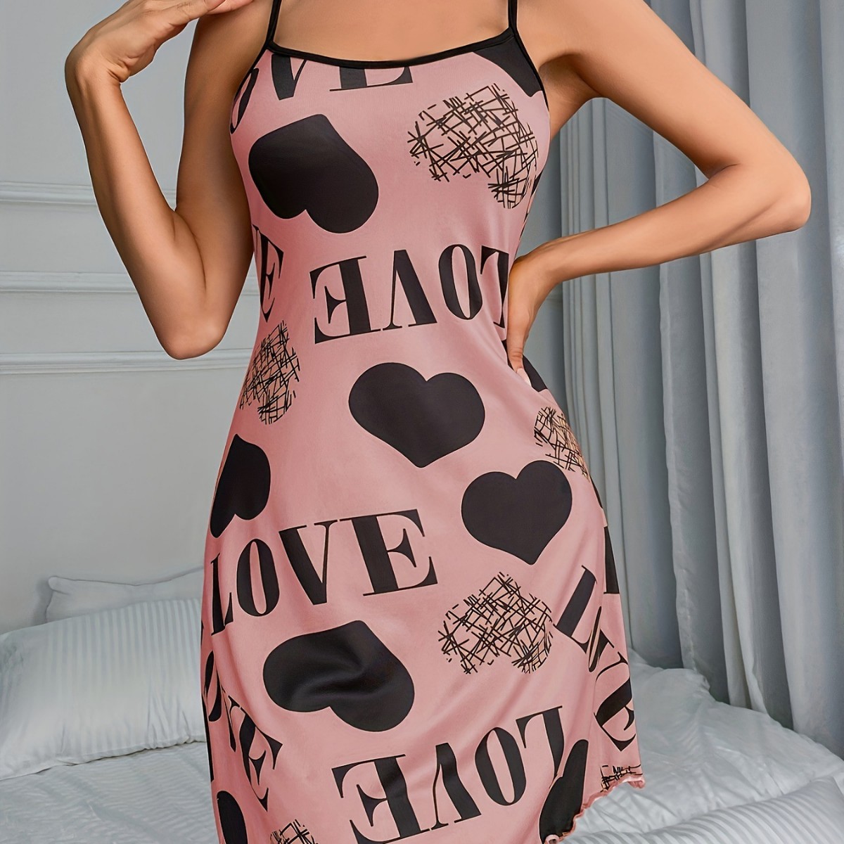 Summer beautiful back thin home clothes sexy suspender skirt love cartoon cute printed pajamas