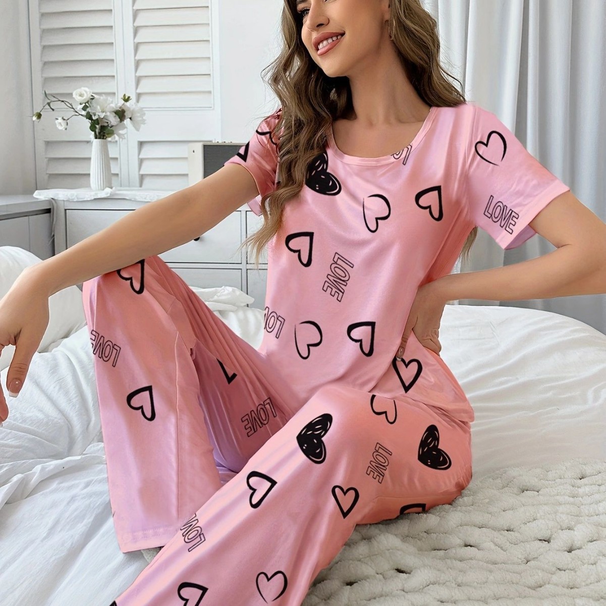 Women's Home Clothing Pink Love Pajamas T-shirt Pants Comfortable Home Clothing Pajamas Set