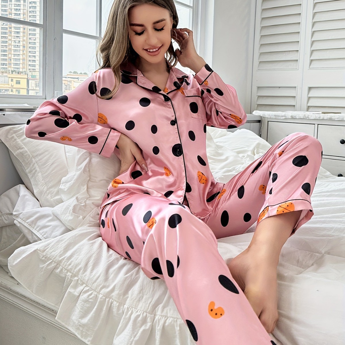 Spring and Autumn Pajamas for women polka dots for women ice silk home clothes two-piece set