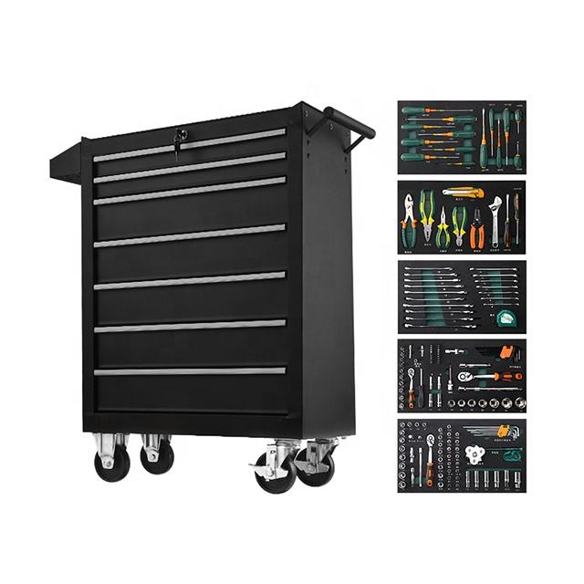 7-drawer workshop handcart toolbox with tools on handcart