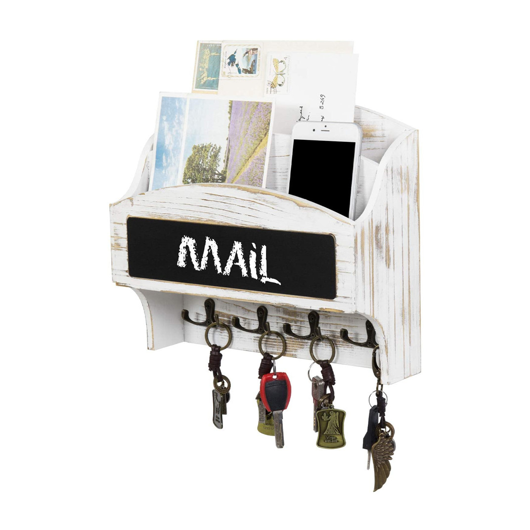 2-Compartment Whitewashed Wood Wall Mounted Mail Sorter Rack with Chalkboard and 8 Key Hooks