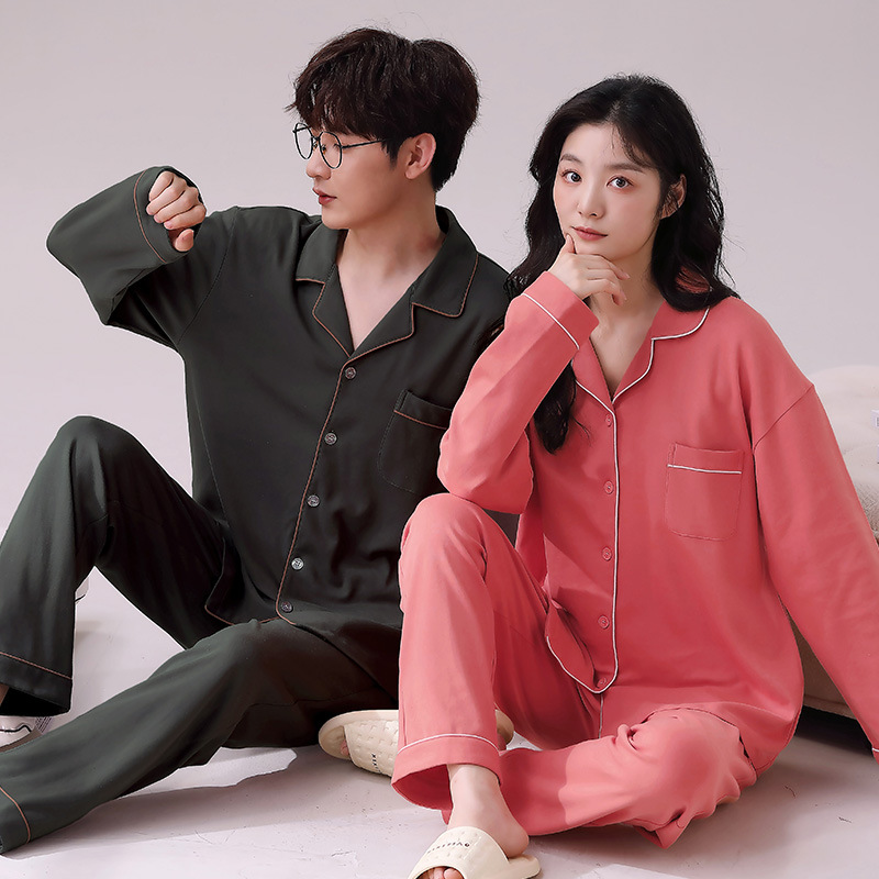 Long sleeved, long pants, lapel, couple's pajamas, cardigan, pure cotton high-end home suit set