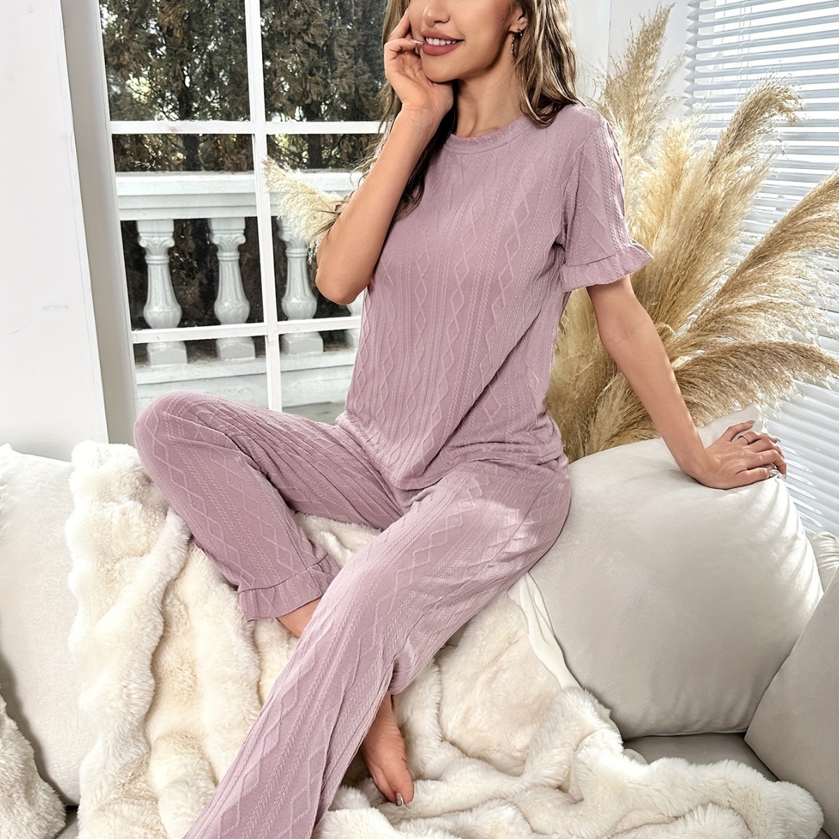 Summer short sleeved long pants ruffled women's home clothes can be worn as an outerwear set