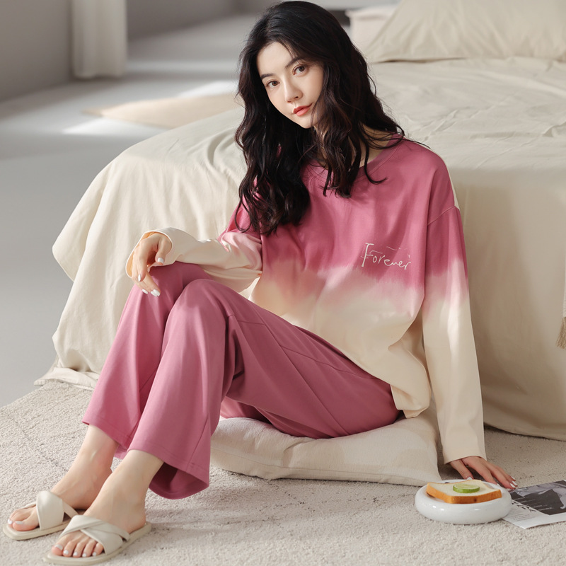 Long sleeved gradient minimalist pure cotton sleepwear set for women's sweet and cute home wear
