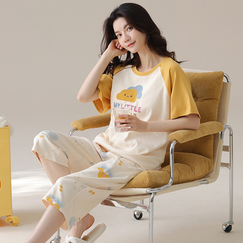 Short sleeved seven quarter pants made of pure cotton, sweet and wearable home suit set