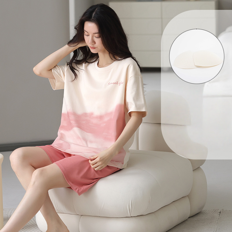 Sweet short sleeves with built-in breast pads, pure cotton casual suit, home wear