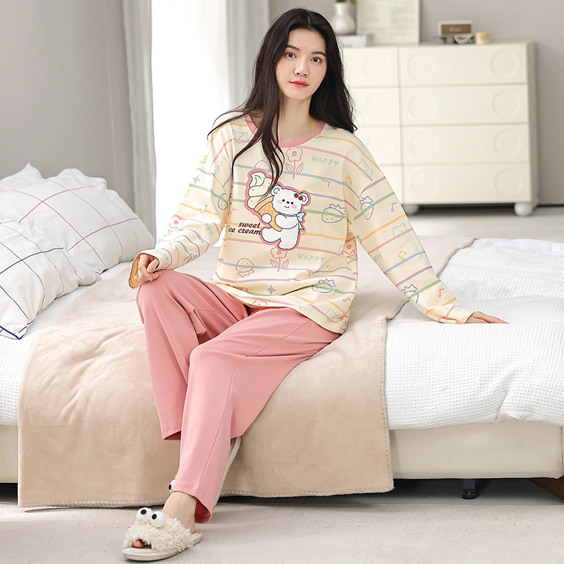 Spring and Autumn Long sleeved Pants Set Pure Cotton Cute Casual Round Neck Home Clothing Set