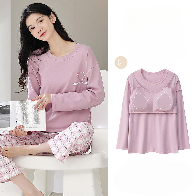 Cotton long sleeved pajamas for women with built-in chest pads and thickened home clothes