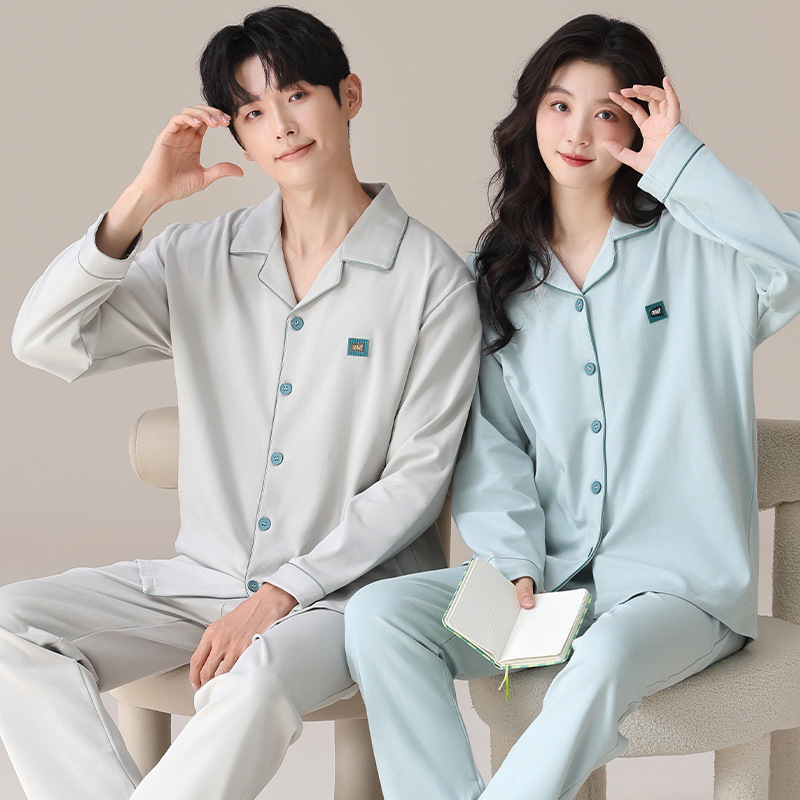 Long sleeved couple pure cotton pajamas, high-end home wear, casual suit