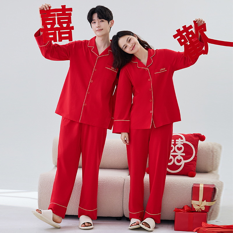 Big red festive couple pajamas, zodiac year pure cotton wedding home suit set