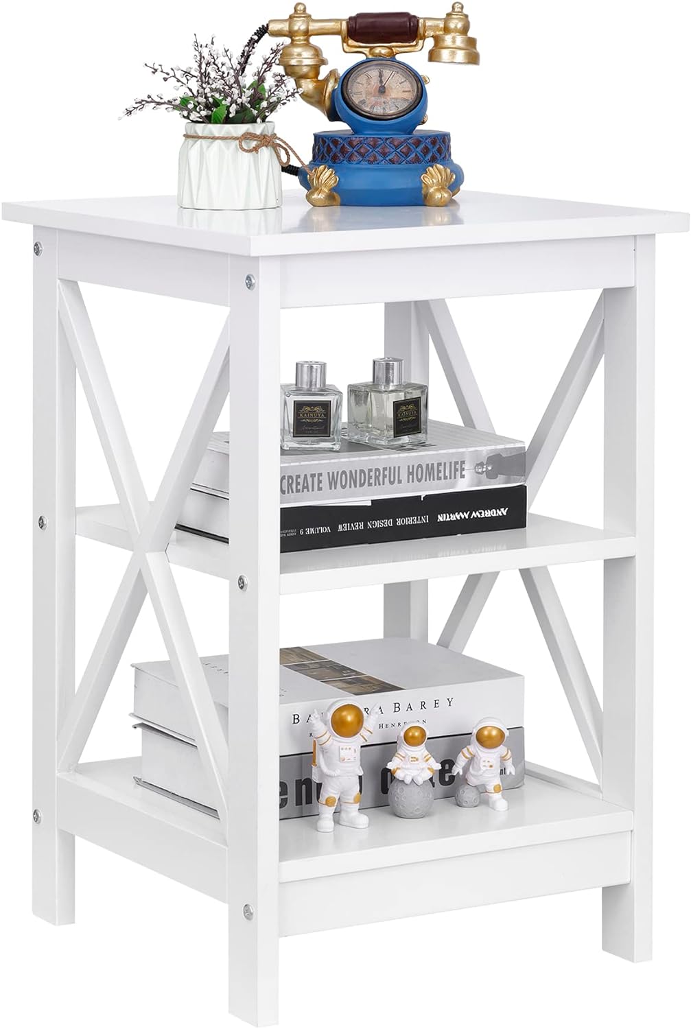 End Table, Sofa Side End Storage Shelf, Versatile X-Design Wooden Side Table,