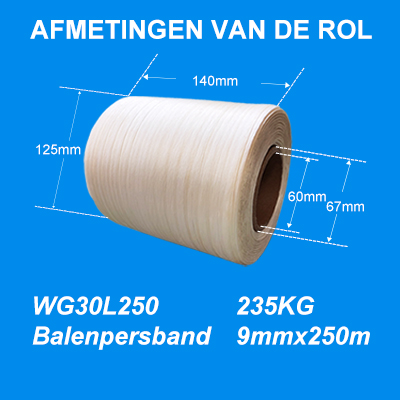 Balenpersband Polyester PE Balenpersband Hotmelt Omsnoeringsband voor Orwak WG30L 9mm*250m