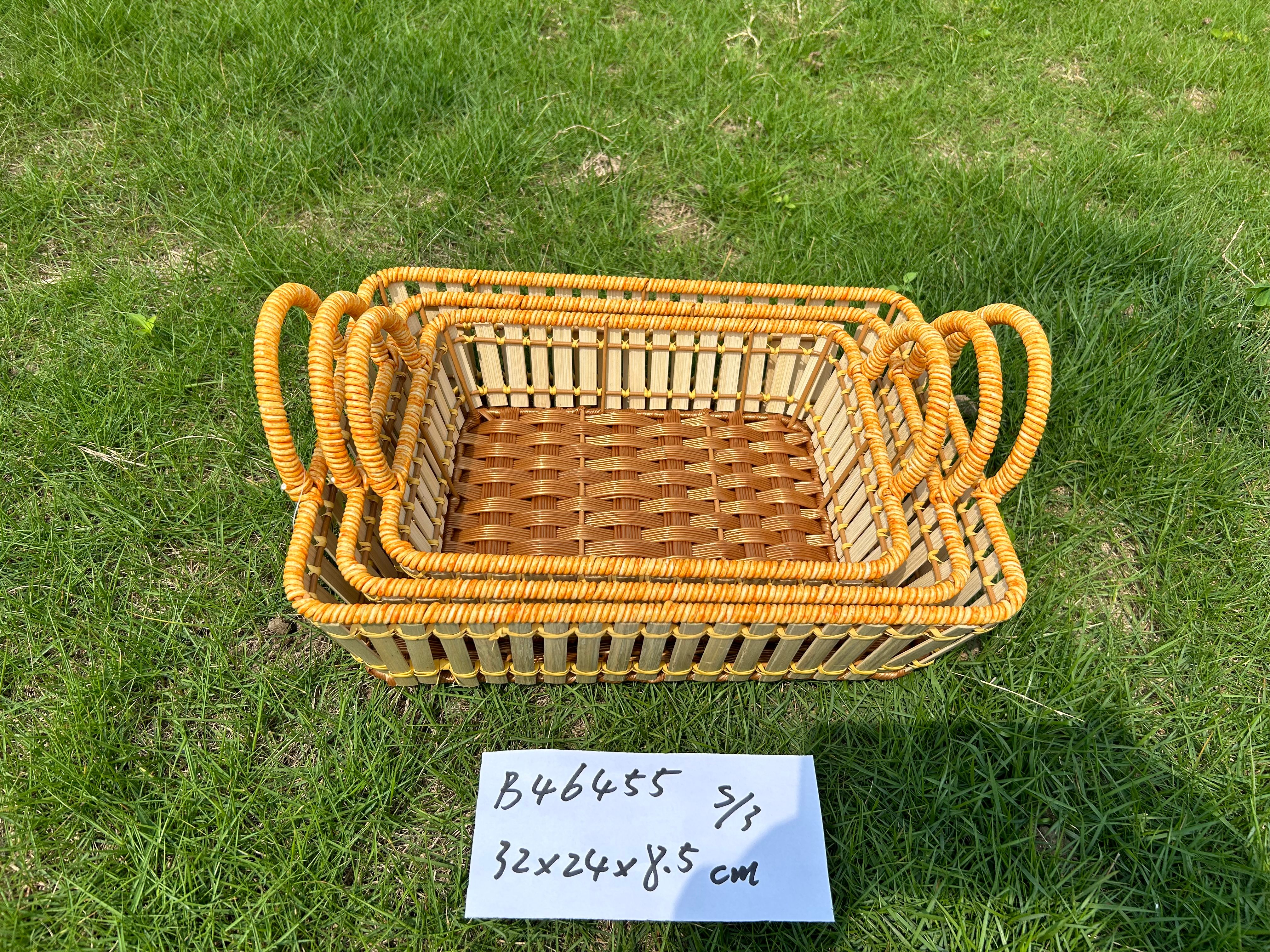 Bamboo and plastic combination weaven basket with handle，sets, sets of three