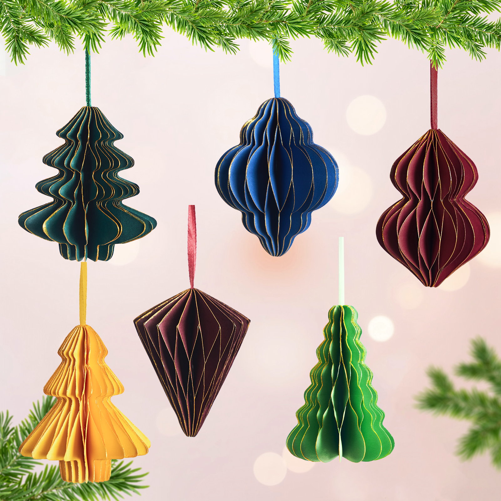 3D Mini Glitter Edge Paper Honeycomb Ornaments, Green, Red Hanging Ornament for Christmas Décor,