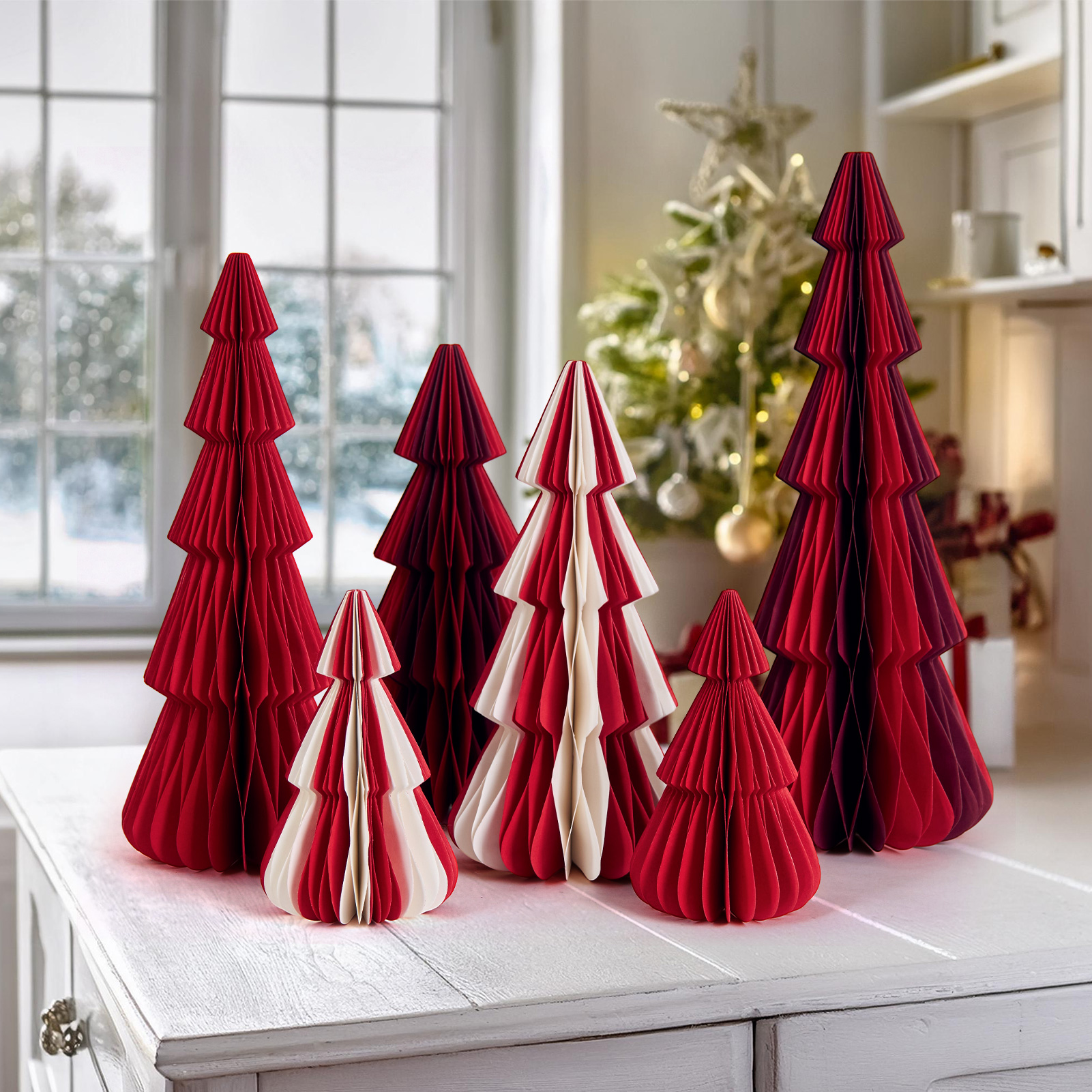 6 Pcs Red Paper Christmas Tree Christmas Tree Centerpiece,3D Honeycomb Trees Table Centerpiece