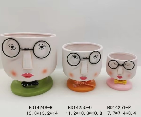 Classic and Cute Ceramic Face Planter with Glasses for Succulents and Plants