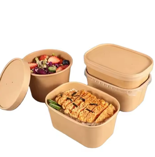 Eco-Friendly Rectangular Salad Bowls Thick Matte Finish Kraft Paper Food Containers Stamped Kraft