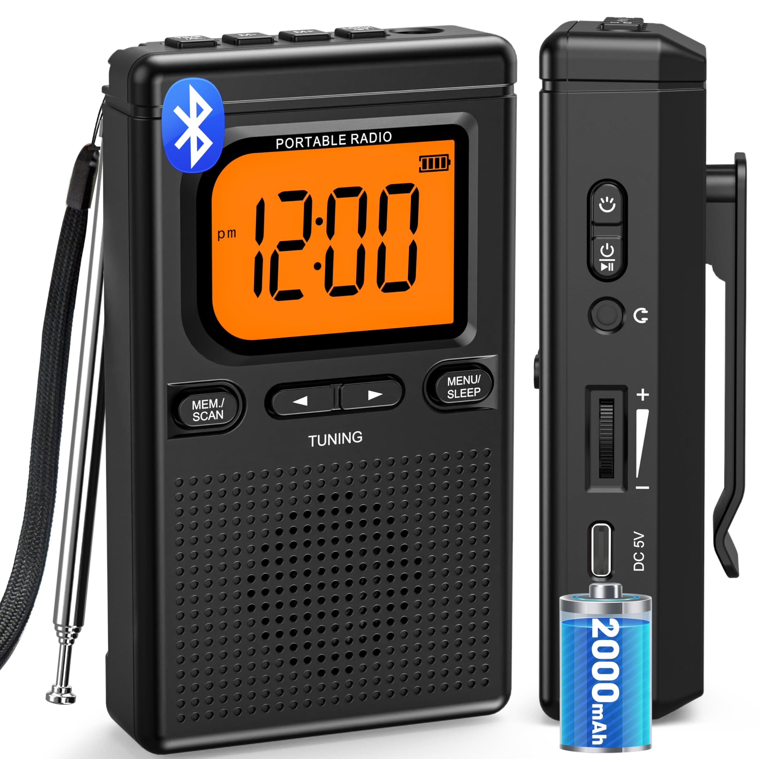 2000mAh Rechargeable AM FM Radio with Bluetooth Portable Transistor Pocket Radio