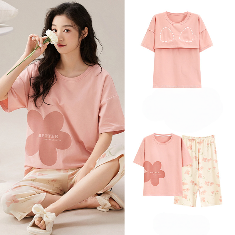Short sleeved summer pure cotton pajamas, sweet and wearable home clothes