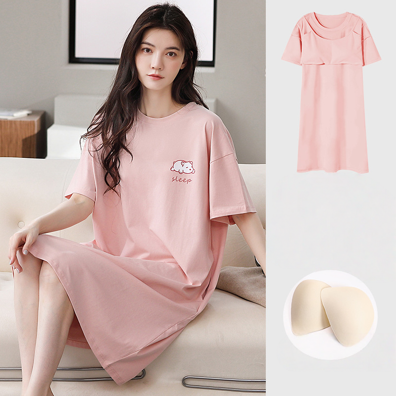 Simple pure cotton nightgown, short sleeved home clothes, thin style pullover, sweet set
