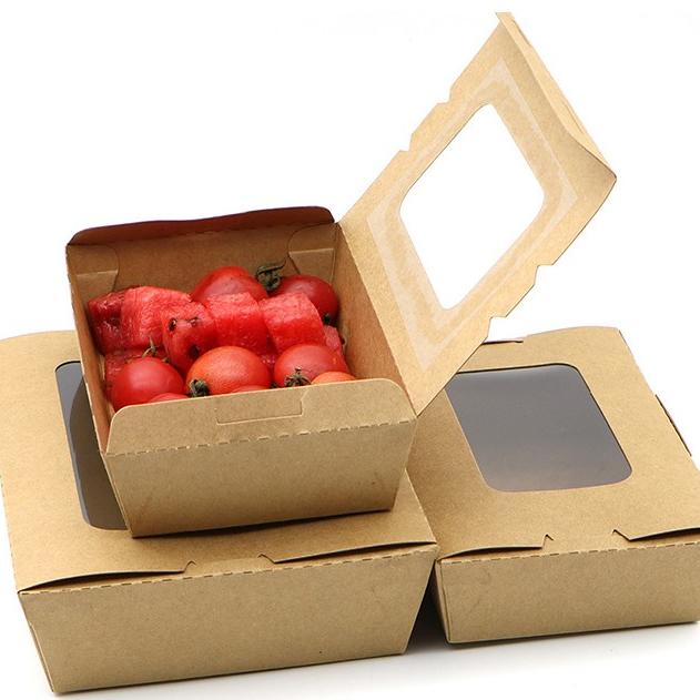 Disposable Kraft Paper Salad Lunch Box with Window Take-out Paper Box with Film Fast Food Salad