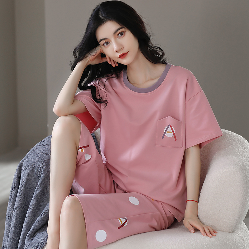 Cotton pajamas, women's round neck short sleeved cropped pants, casual outerwear, home wear