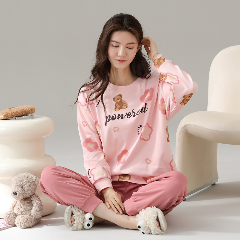 Autumn long sleeved pure cotton pajamas with round neck warm home clothes