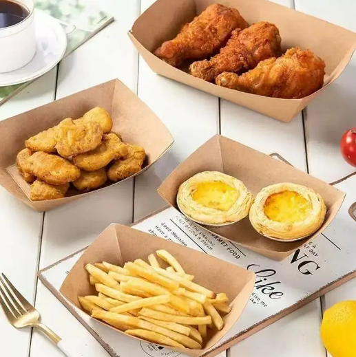 Food Grade Kraft Paper Box-Foldable Boat Style Cardboard Box Packaging for Serving Storage