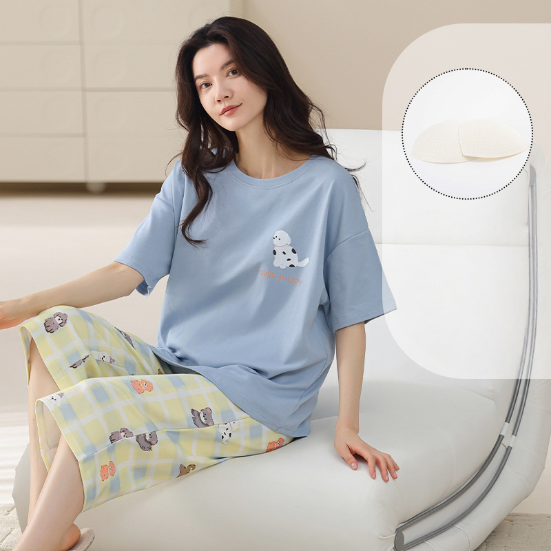 Cotton pajamas, short sleeves, cropped pants, sweet and anti bulge home clothes for women