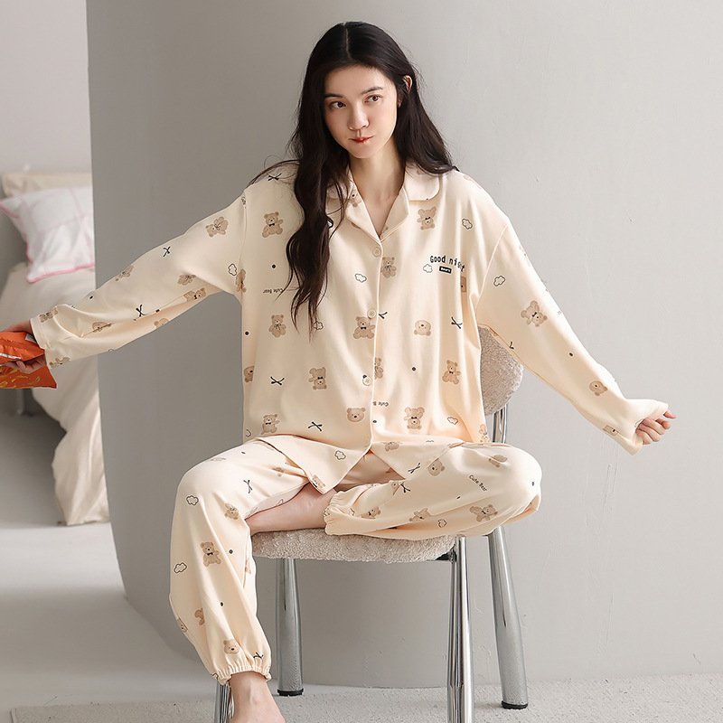 Long sleeved pure cotton sleepwear cardigan set for casual and outerwear home wear