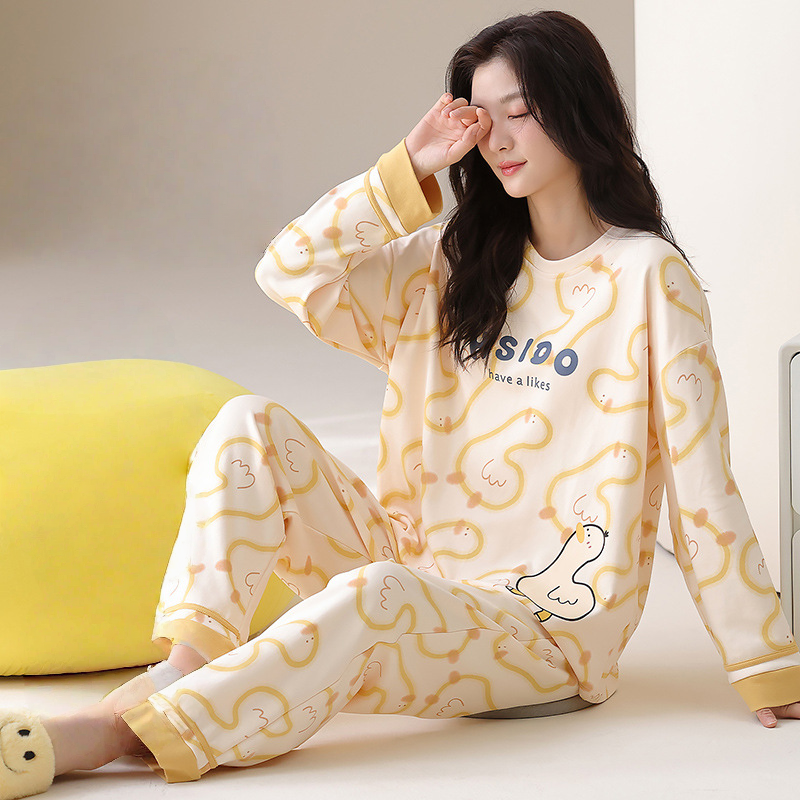 Autumn long sleeved pure cotton pajamas with sweet built-in breast pads for home wear