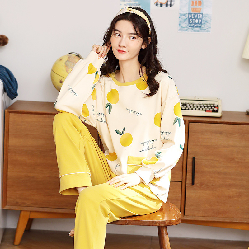 Autumn gradient simple cotton long sleeved pajamas set for home wear