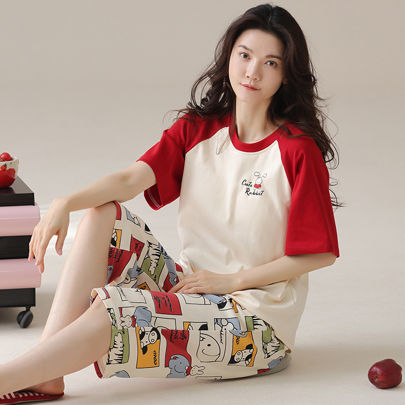 Summer pajamas, short sleeves, cropped pants, casual and sweet home outfit set